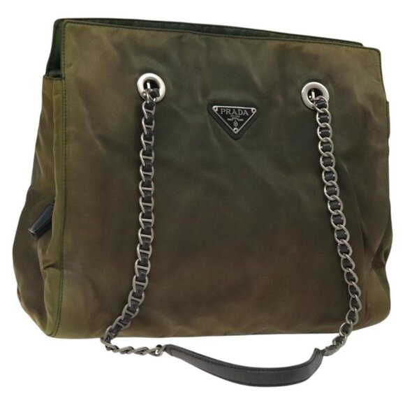 PRADA Chain Shoulder Bag Nylon Khaki Silver Auth 120140 - Picture 1 of 16